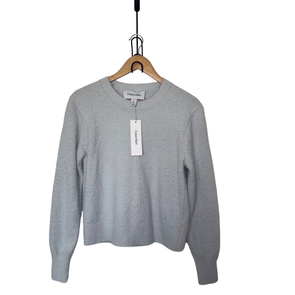 Calvin Klein Women Medium Pullover Ancient Water Crewneck Fuzzy Quiet Luxury